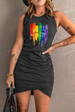 LC6110591-2-S, LC6110591-2-M, LC6110591-2-L, LC6110591-2-XL, Black Love Wins Rainbow Printed Ruched Sleeveless Bodycon Tank Short Mini Dress