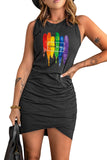 LC6110591-2-S, LC6110591-2-M, LC6110591-2-L, LC6110591-2-XL, Black Love Wins Rainbow Printed Ruched Sleeveless Bodycon Tank Short Mini Dress