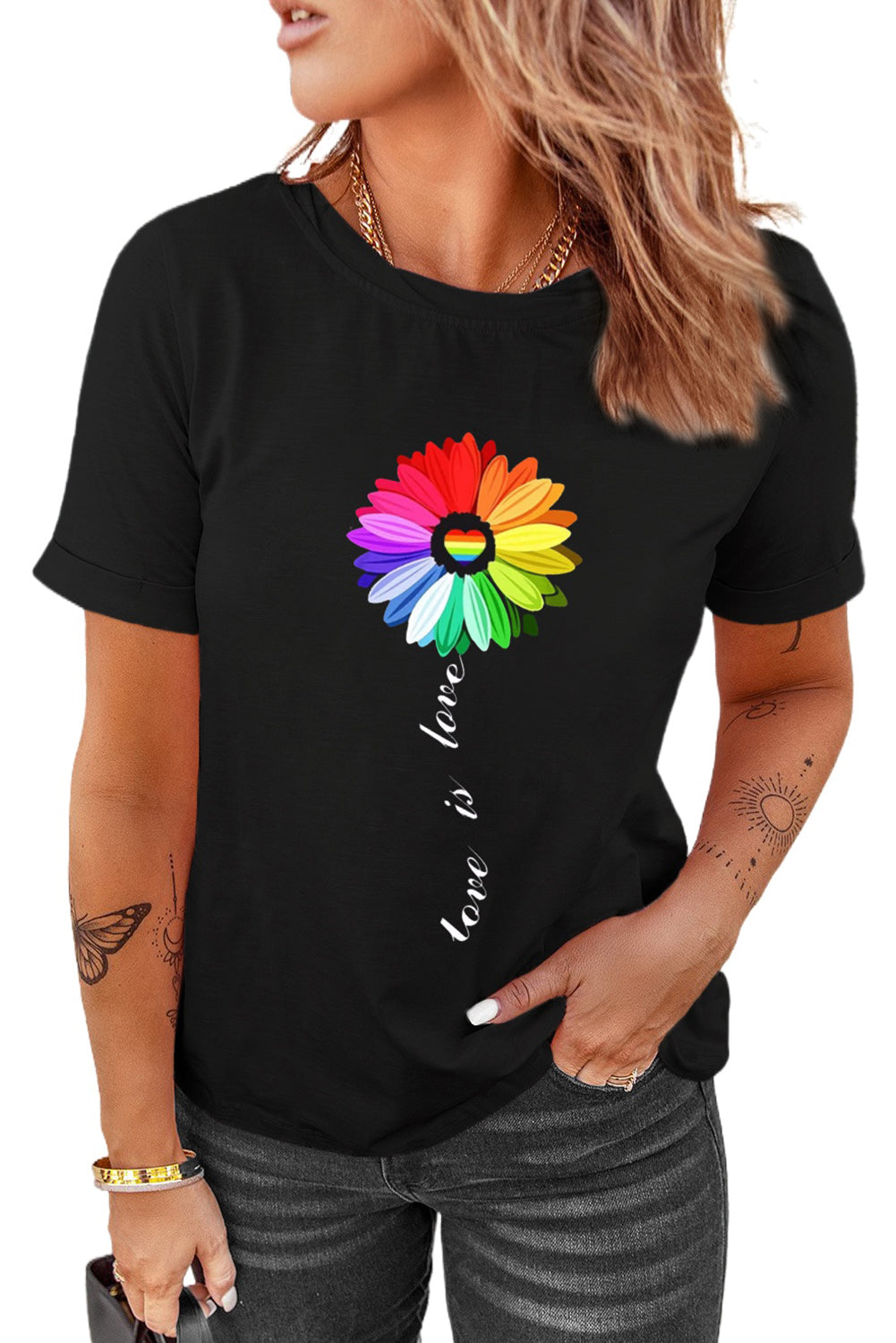 LC25216190-2-S, LC25216190-2-M, LC25216190-2-L, LC25216190-2-XL, LC25216190-2-2XL, Black Womens LGBT Gay Pride Tee Shirt Rainbow Color Daisy Graphic Casual Tee Shirts