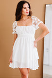 White White Puff Sleeve Dress Square Neck Lace Ruffle A Line Mini Dress  LC2211141-1