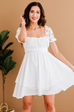 White White Puff Sleeve Dress Square Neck Lace Ruffle A Line Mini Dress  LC2211141-1