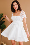 White White Puff Sleeve Dress Square Neck Lace Ruffle A Line Mini Dress  LC2211141-1