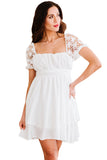 White White Puff Sleeve Dress Square Neck Lace Ruffle A Line Mini Dress  LC2211141-1