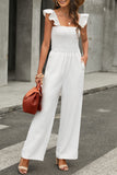 White Ruffle Sleeve Smocked Bodice Wide Leg Jumpsuit for Women LC643773-1