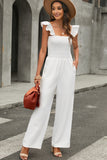 White Ruffle Sleeve Smocked Bodice Wide Leg Jumpsuit for Women LC643773-1