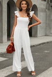White Ruffle Sleeve Smocked Bodice Wide Leg Jumpsuit for Women LC643773-1