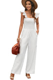 White Ruffle Sleeve Smocked Bodice Wide Leg Jumpsuit for Women LC643773-1