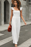 White Ruffle Sleeve Smocked Bodice Wide Leg Jumpsuit for Women LC643773-1