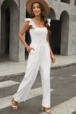 White Ruffle Sleeve Smocked Bodice Wide Leg Jumpsuit for Women LC643773-1