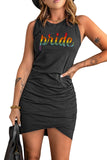 LC6110671-2-S, LC6110671-2-M, LC6110671-2-L, LC6110671-2-XL, Black Women's Rainbow Pride Print Ruched Mini Dress Bodycon Party Club Tank Dresses