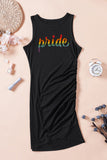 LC6110671-2-S, LC6110671-2-M, LC6110671-2-L, LC6110671-2-XL, Black Women's Rainbow Pride Print Ruched Mini Dress Bodycon Party Club Tank Dresses