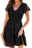 Black White Ruffle Dress Smocked Flowy Mini Dress for Women LC2210934-2