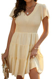 Beige White Ruffle Dress Smocked Flowy Mini Dress for Women LC2210934-15