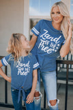 TZ25315-5-S, TZ25315-5-M, TZ25315-5-L, TZ25315-5-XL, TZ25315-5-XXL, Blue Kid's T Shirt Land of The Free Graphic Striped Sleeve Knot Hem Family Matching Tee Top
