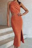 Orange Ladies One Shoulder Cut Out Side Split Sleeveless Maxi Dress LC616236-14