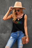 LC2566480-2-S, LC2566480-2-M, LC2566480-2-L, LC2566480-2-XL, LC2566480-2-2XL, Black Womens Tank Tops Pride Rainbow Hearts Crossed Strappy Neck Sleeveless Shirts