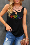 LC2566480-2-S, LC2566480-2-M, LC2566480-2-L, LC2566480-2-XL, LC2566480-2-2XL, Black Womens Tank Tops Pride Rainbow Hearts Crossed Strappy Neck Sleeveless Shirts