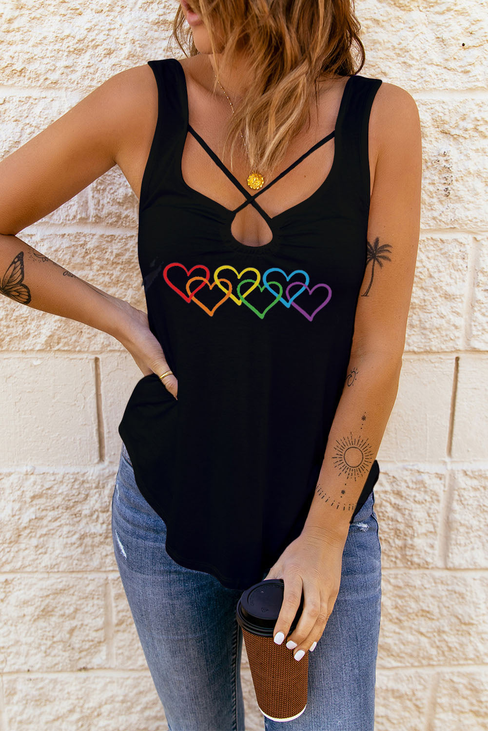 LC2566480-2-S, LC2566480-2-M, LC2566480-2-L, LC2566480-2-XL, LC2566480-2-2XL, Black Womens Tank Tops Pride Rainbow Hearts Crossed Strappy Neck Sleeveless Shirts
