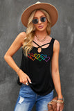 LC2566480-2-S, LC2566480-2-M, LC2566480-2-L, LC2566480-2-XL, LC2566480-2-2XL, Black Womens Tank Tops Pride Rainbow Hearts Crossed Strappy Neck Sleeveless Shirts