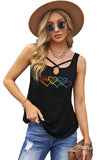 LC2566480-2-S, LC2566480-2-M, LC2566480-2-L, LC2566480-2-XL, LC2566480-2-2XL, Black Womens Tank Tops Pride Rainbow Hearts Crossed Strappy Neck Sleeveless Shirts