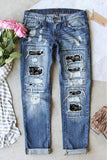 Sky Blue Womens Boyfriend Jeans Stretchy Ripped Skeleton Print Ripped Jeans LC787199-4