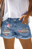 Sky Blue Floral Leopard Print Patchwork Distressed Denim Shorts LC7831045-4