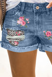 Sky Blue Floral Leopard Print Patchwork Distressed Denim Shorts LC7831045-4