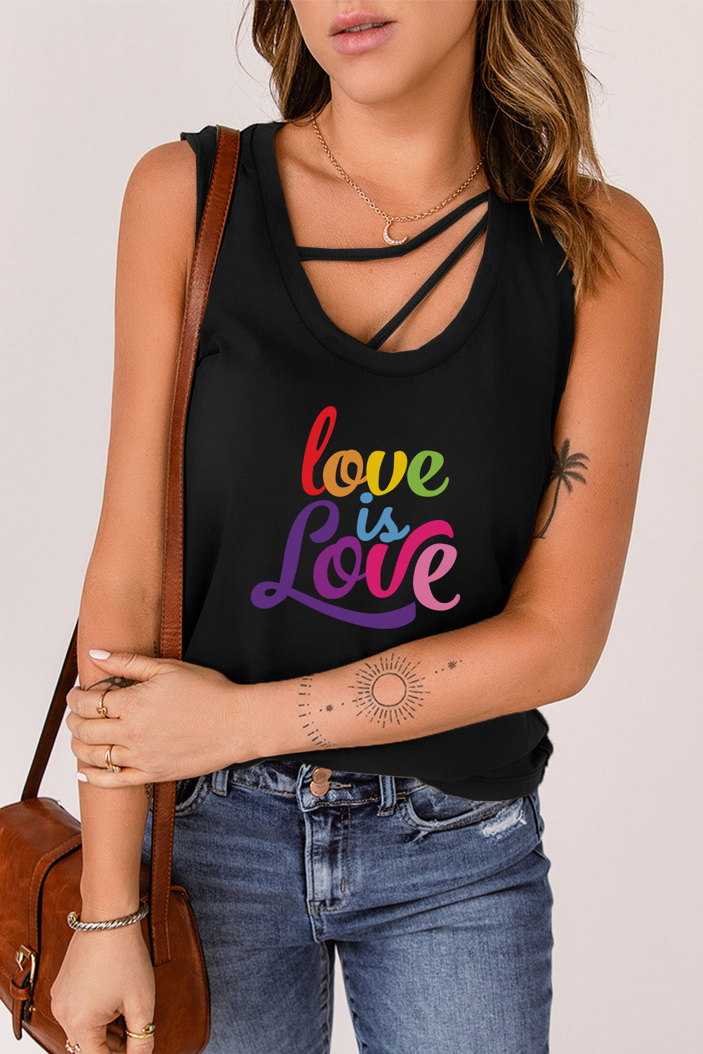 LC2566508-2-S, LC2566508-2-M, LC2566508-2-L, LC2566508-2-XL, LC2566508-2-2XL, Black Pride Tank Tops Shirt Love is Love Women Rainbow Graphic Tee Strappy Casual Sleeveless Tops