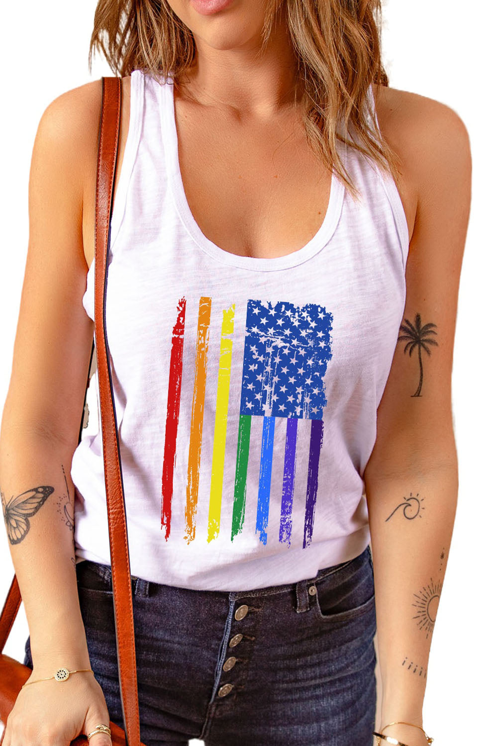 LC2566532-1-S, LC2566532-1-M, LC2566532-1-L, LC2566532-1-XL, LC2566532-1-2XL, White Women's Vintage Rainbow Flag Print Workout Tank Top LGBTQ Gifts