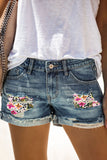 Sky Blue Womens Ripped Denim Shorts Floral Leopard Mid Rise Distressed Shorts LC7831047-4