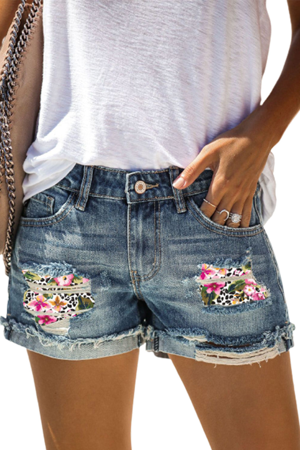 Sky Blue Womens Ripped Denim Shorts Floral Leopard Mid Rise Distressed Shorts LC7831047-4
