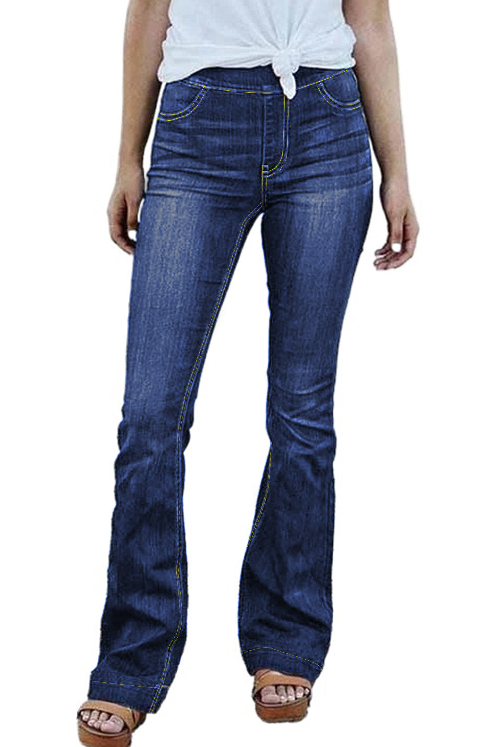 Blue High Waisted Elastic Waist Flare Jeans Bell Bottom for Women LC78866-5