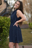 Blue Womens Sleeveless Split Neck Pom Pom Flowy Mini Dress LC225086-5