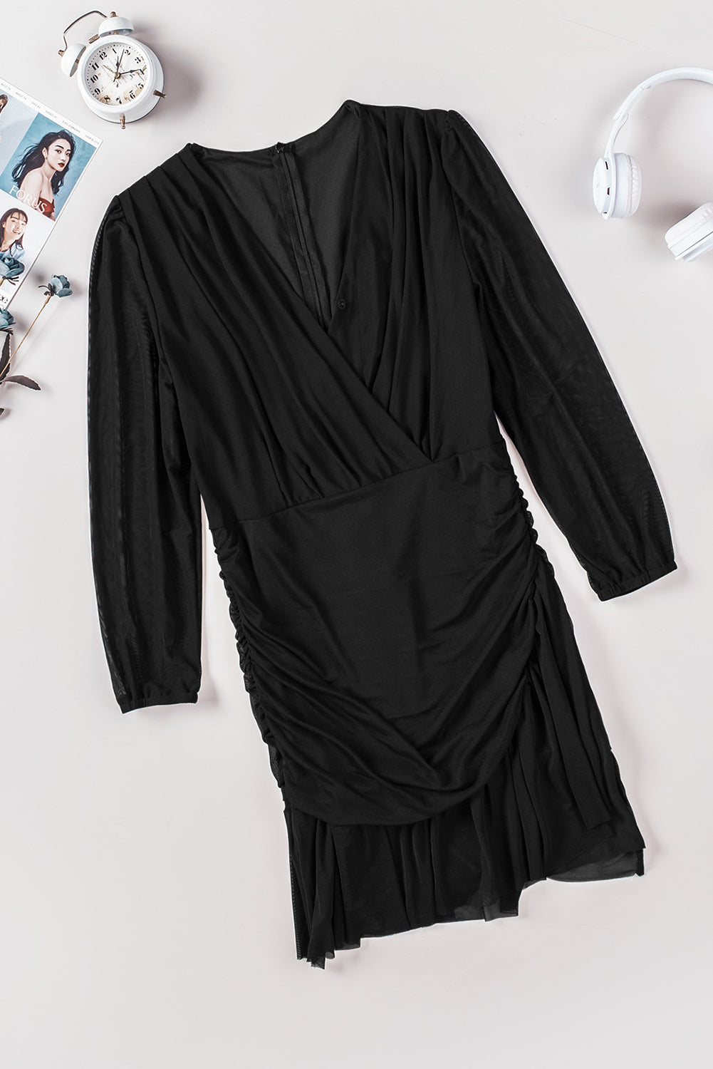 Black Ruched Sexy Dress Flounce V Neck Bodycon Mini Dress LC2211387-2