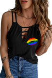 LC2566528-2-S, LC2566528-2-M, LC2566528-2-L, LC2566528-2-XL, LC2566528-2-2XL, Black Women's Tank Top Summer Rainbow Lip Graphic Cut Out Sleeveless Tee Shirts