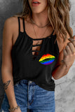 LC2566528-2-S, LC2566528-2-M, LC2566528-2-L, LC2566528-2-XL, LC2566528-2-2XL, Black Women's Tank Top Summer Rainbow Lip Graphic Cut Out Sleeveless Tee Shirts