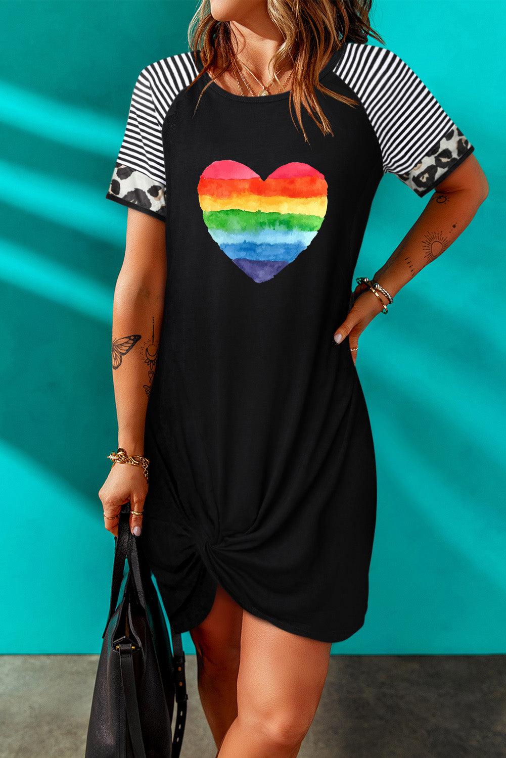 LC6110737-2-S, LC6110737-2-M, LC6110737-2-L, LC6110737-2-XL, Black Womens Pride Rainbow Heart Shape Mini Dress Striped Short Sleeve Dresses