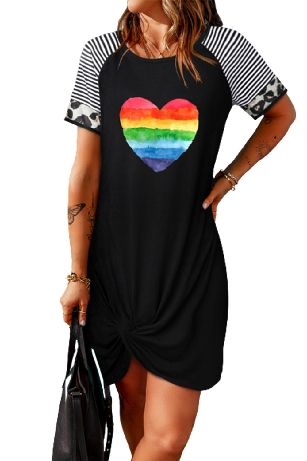 LC6110737-2-S, LC6110737-2-M, LC6110737-2-L, LC6110737-2-XL, Black Womens Pride Rainbow Heart Shape Mini Dress Striped Short Sleeve Dresses