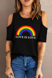 LC25216367-2-S, LC25216367-2-M, LC25216367-2-L, LC25216367-2-XL, LC25216367-2-2XL, Black Women’s Rainbow LGBT T-Shirt Tops Pride Love Is Love Cold Shoulder T Shirt