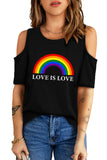LC25216367-2-S, LC25216367-2-M, LC25216367-2-L, LC25216367-2-XL, LC25216367-2-2XL, Black Women’s Rainbow LGBT T-Shirt Tops Pride Love Is Love Cold Shoulder T Shirt
