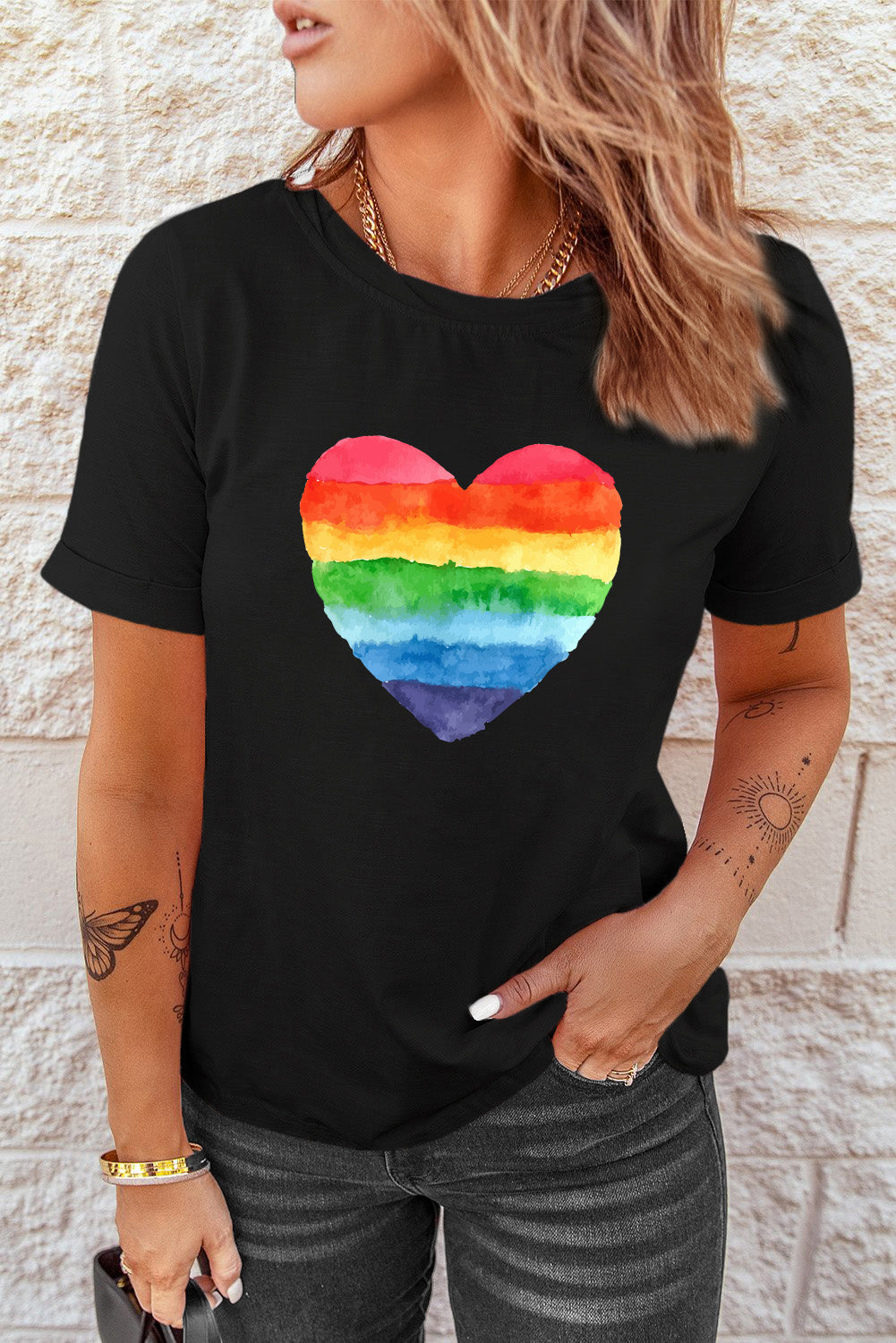 LC25216370-2-S, LC25216370-2-M, LC25216370-2-L, LC25216370-2-XL, LC25216370-2-2XL, Black Pride Shirt Women Rainbow Graphic Tshirts Rainbow Heart LGBTQ Print Tee Tops