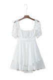 White White Puff Sleeve Dress Square Neck Lace Ruffle A Line Mini Dress  LC2211141-1