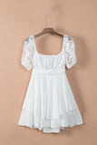 White White Puff Sleeve Dress Square Neck Lace Ruffle A Line Mini Dress  LC2211141-1