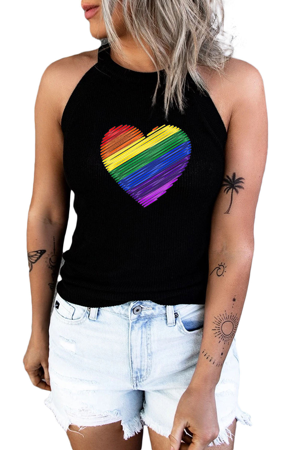 LC2566535-2-S, LC2566535-2-M, LC2566535-2-L, LC2566535-2-XL, LC2566535-2-2XL, Black Womens LGBT Rainbow Heart Print Tank Top Summer Casual Sleeveless Shirt