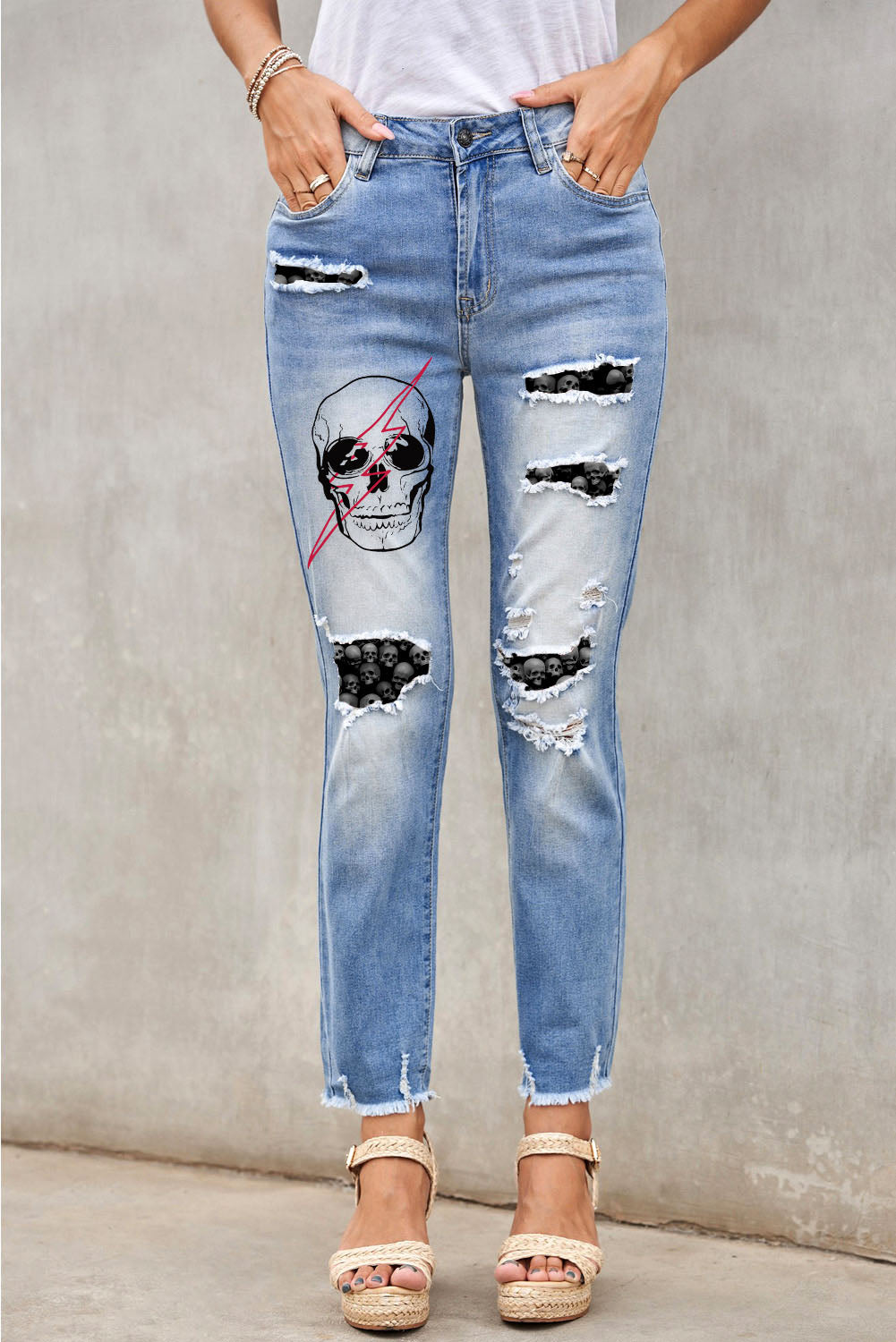 Sky Blue Casual Floral Skull Print Jean For Women LC787685-4