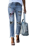 Sky Blue Casual Floral Skull Print Jean For Women LC787685-4