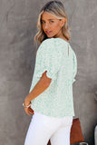 LC25114337-9-S, LC25114337-9-M, LC25114337-9-L, LC25114337-9-XL, LC25114337-9-2XL, Green Women's Puff Sleeve T-Shirts Casual Floral Smocked Blouse