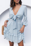 Sky Blue Womens Deep V Neck Lantern Sleeve Knotted Tiered Mini White Dress LC227391-4