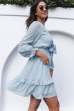 Sky Blue Womens Deep V Neck Lantern Sleeve Knotted Tiered Mini White Dress LC227391-4