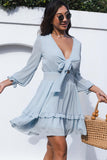 Sky Blue Womens Deep V Neck Lantern Sleeve Knotted Tiered Mini White Dress LC227391-4